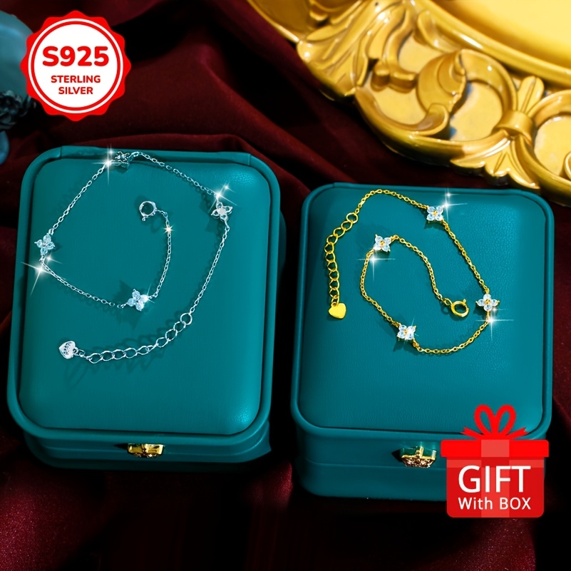 Four Leaf Clover 925 Silver Bracelet with Zirconia for Girlfriend